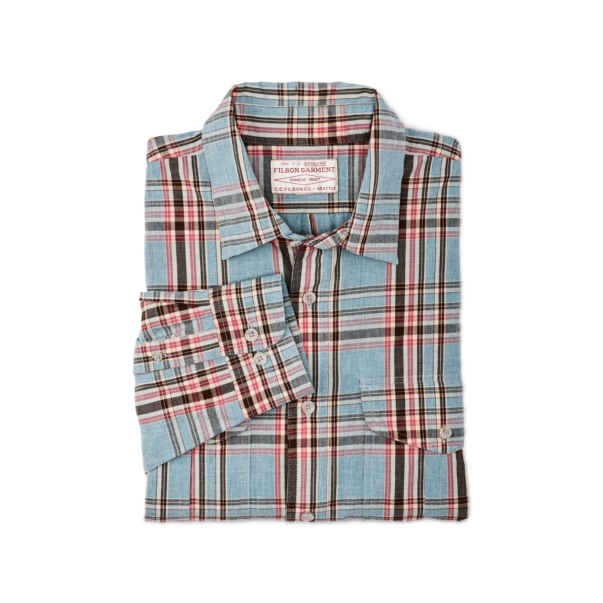 Filson's Washed Feather Cloth Shirt - Light Blue / Red / Natural Plaid - Image 3