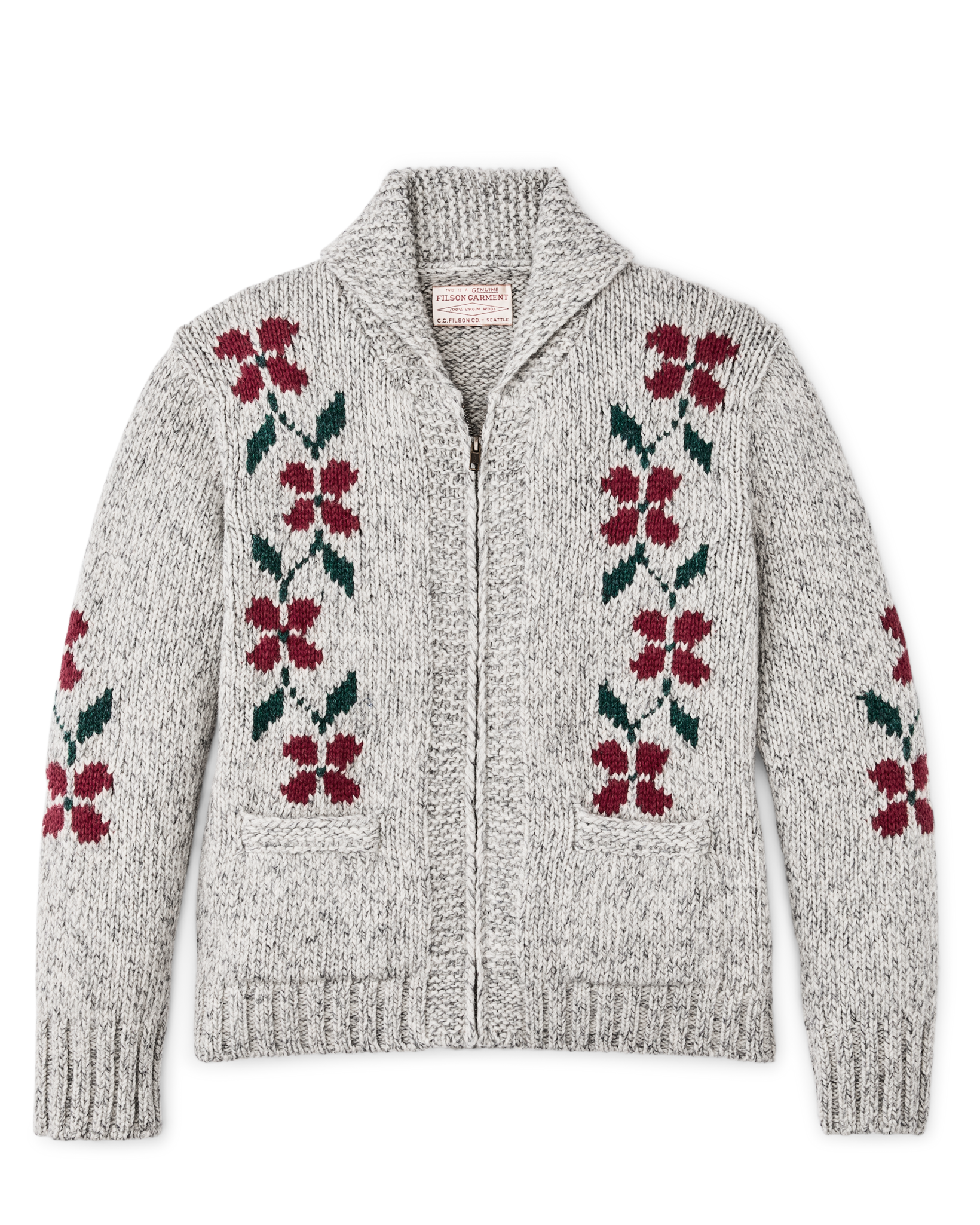 Women's Zippered Wool Sweater - Gray / Flower - Image 3