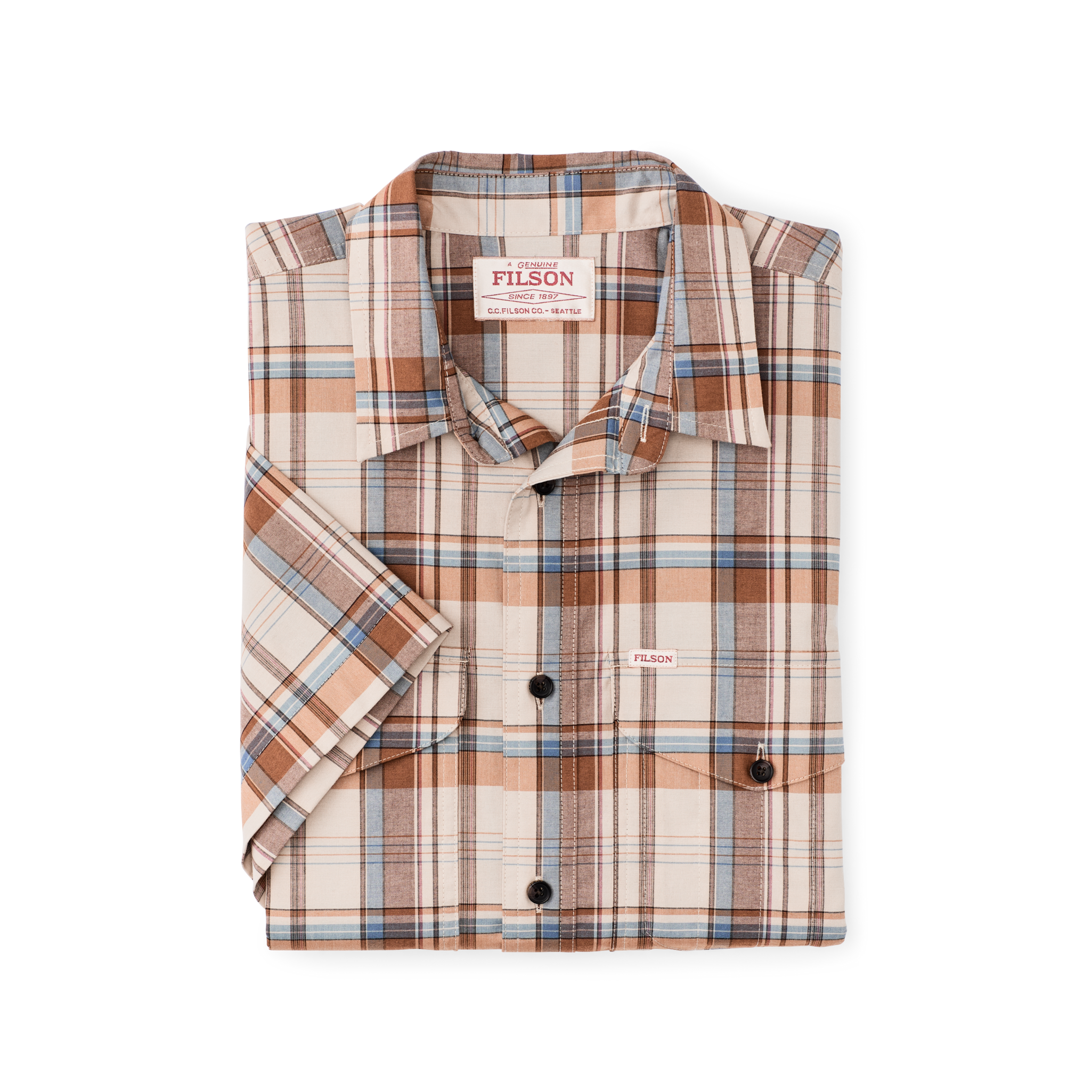 Twin Lakes Short Sleeve Sport Shirt - Beige / Rust Plaid - Image 3
