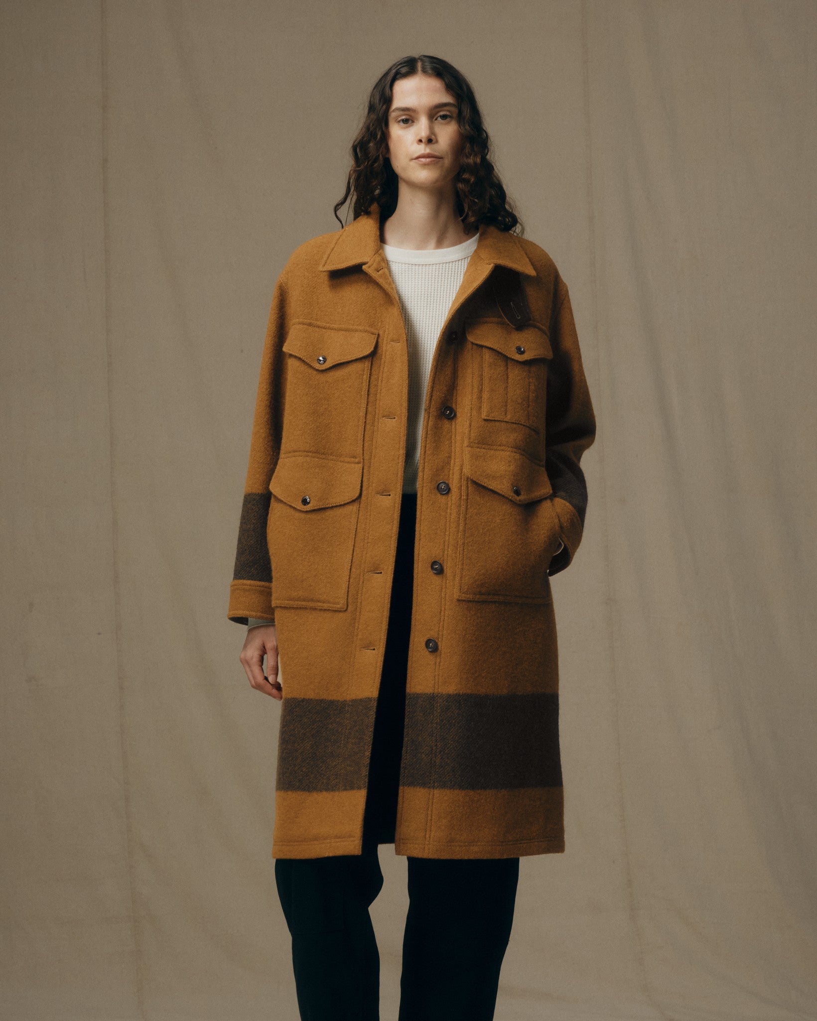 Women's Wool Long Cruiser Coat - Whiskey / Black Stripe