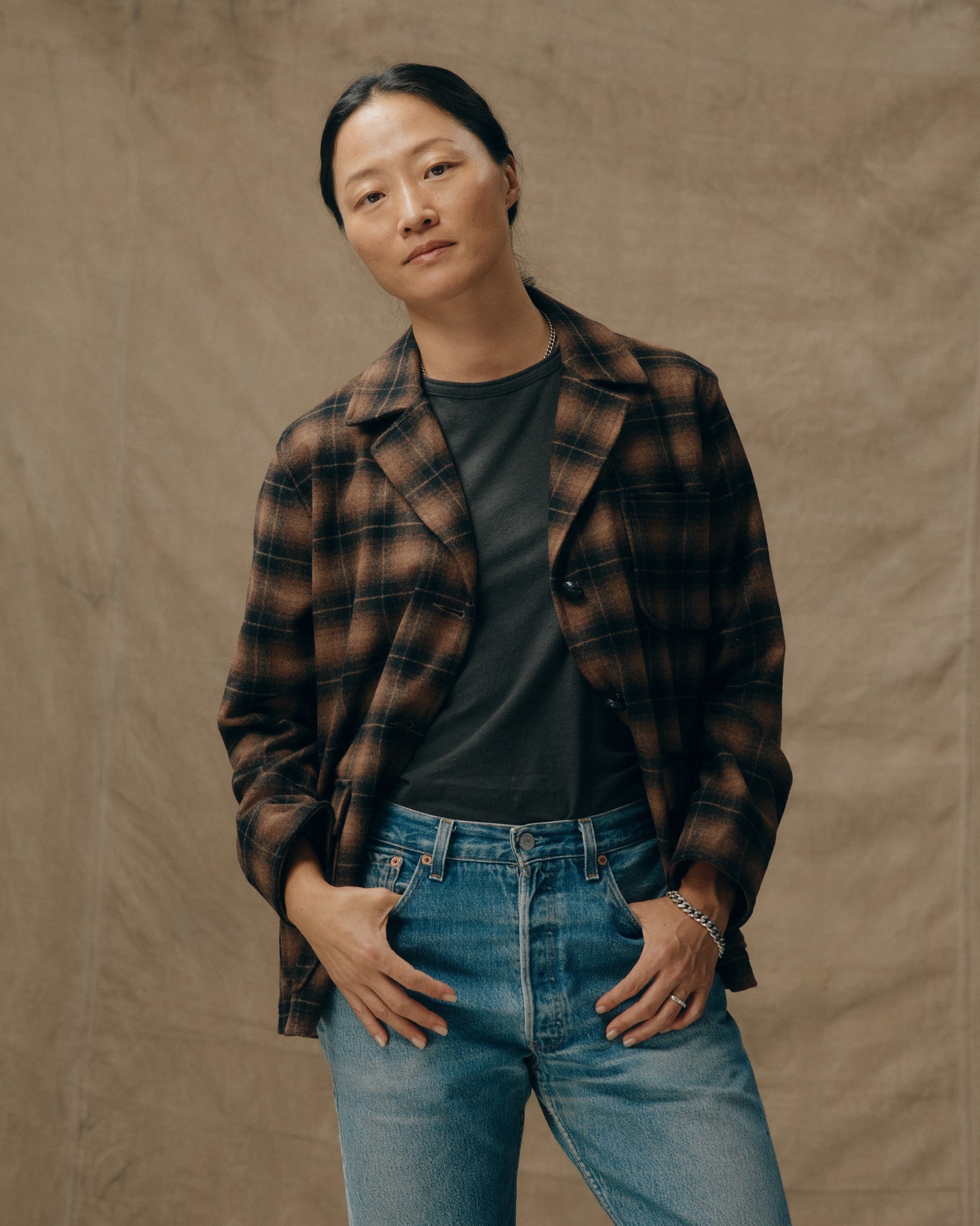 Women's Unconstructed Wool Blazer - Bronze Brown Plaid - Image 3