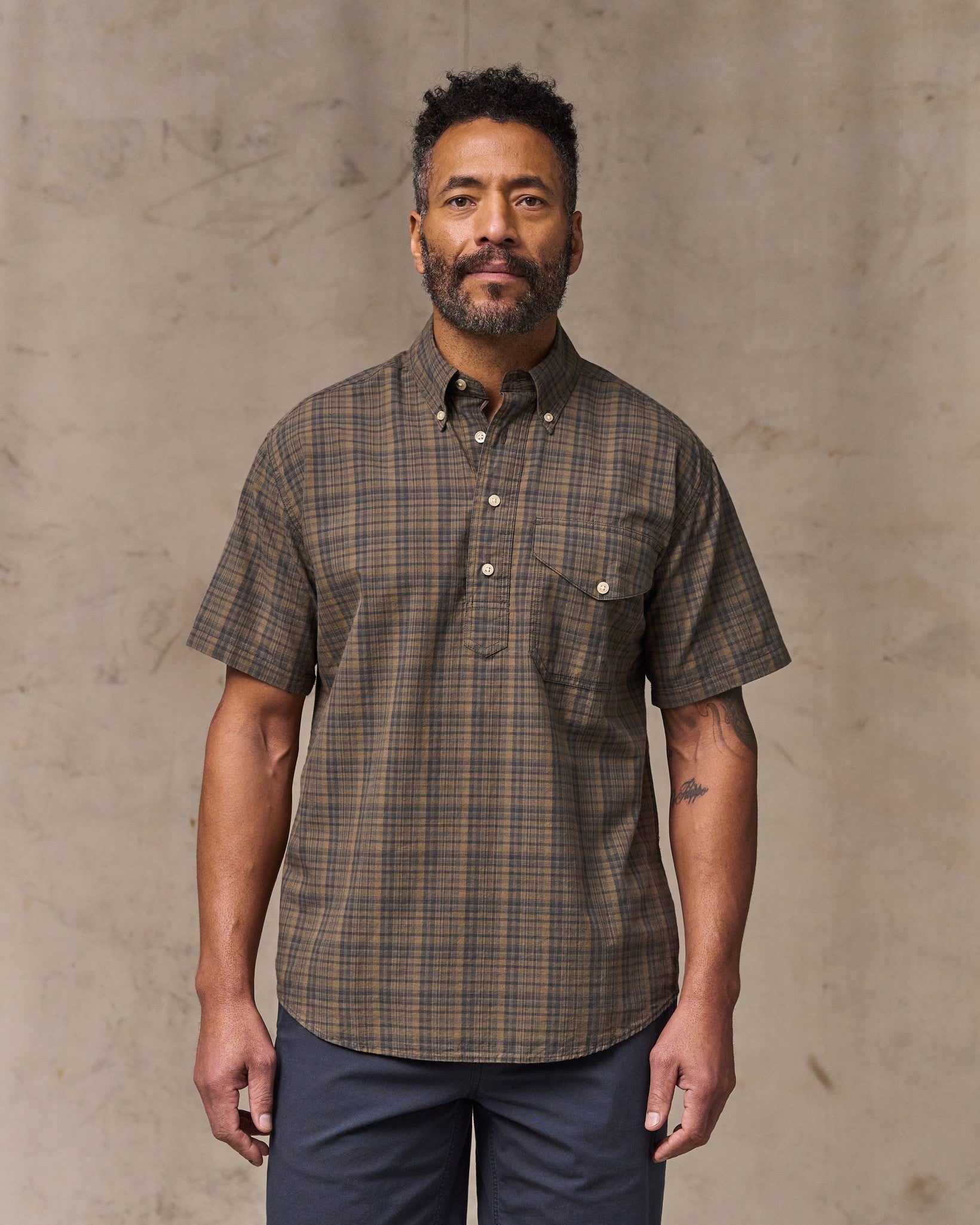 Short Sleeve Madras Popover Shirt - Brown / Olive Plaid