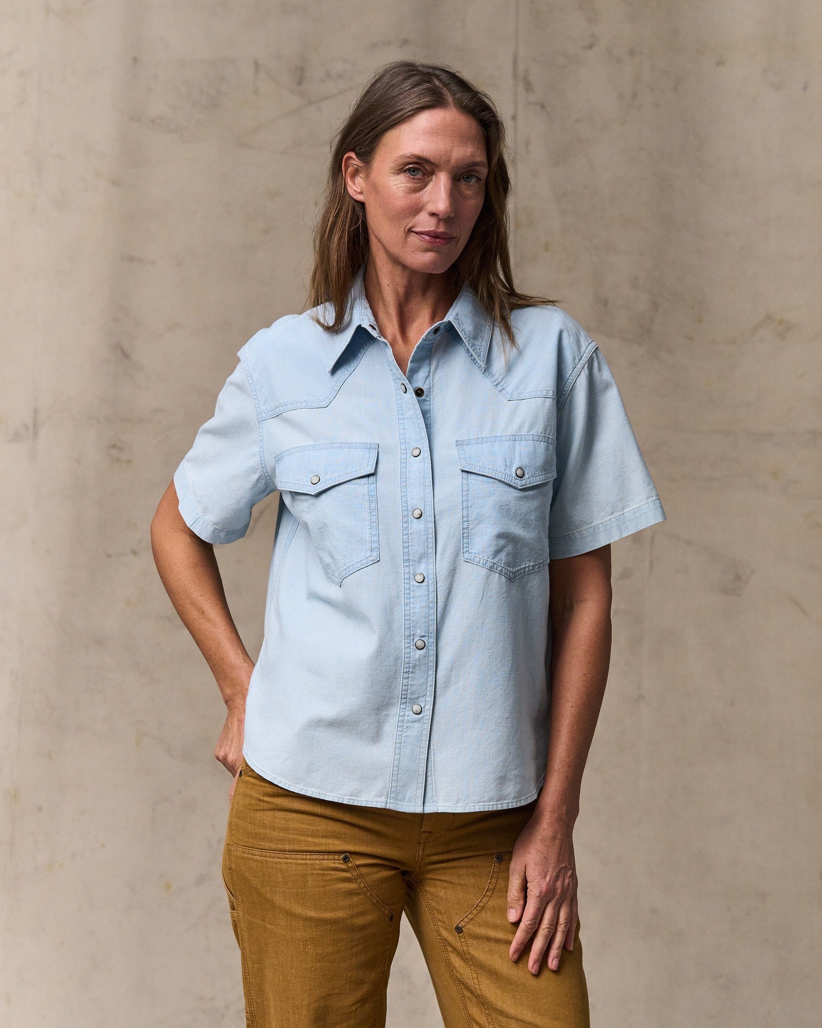 Women's Short Sleeve Chambray Western Shirt - Light Indigo
