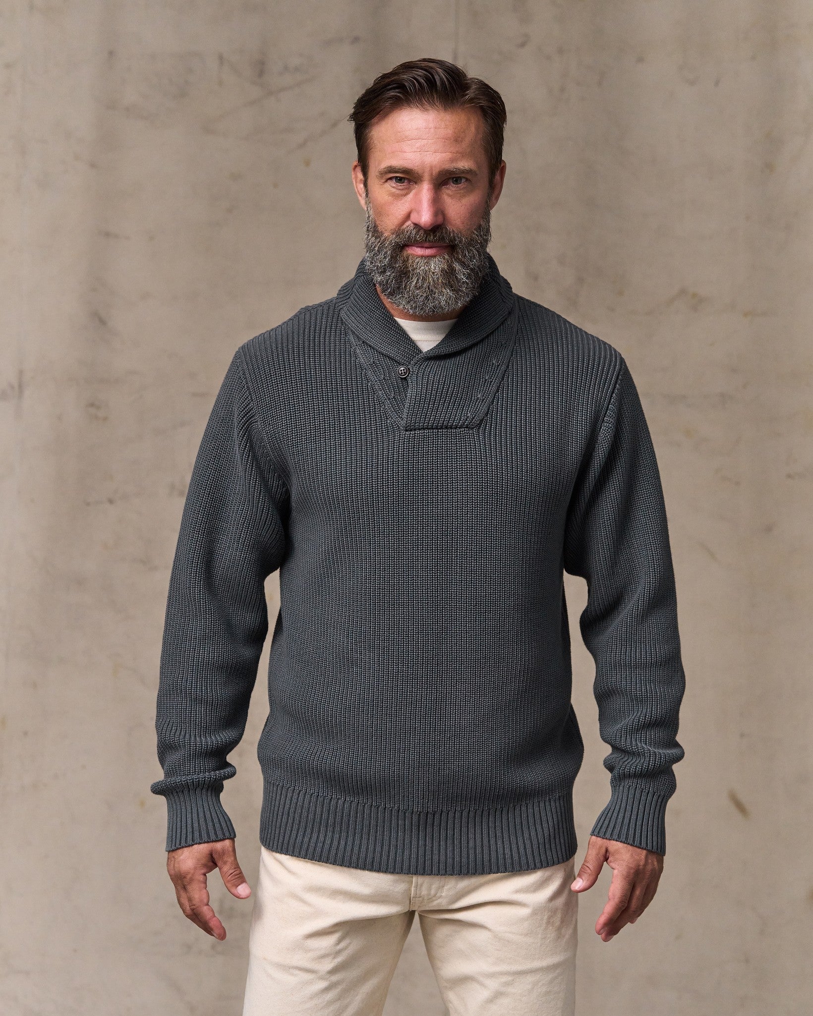 Vintage Cotton Shawl Neck Sweater - Charcoal