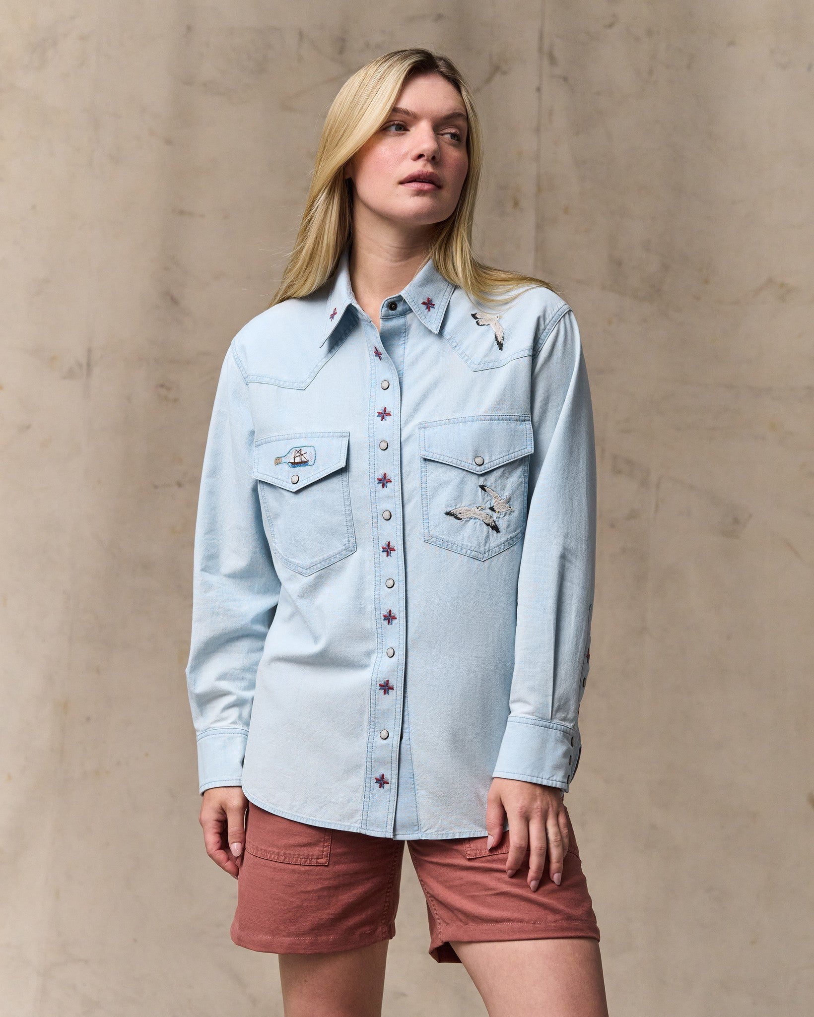 Women's Embroidered Western Shirt - Light Indigo