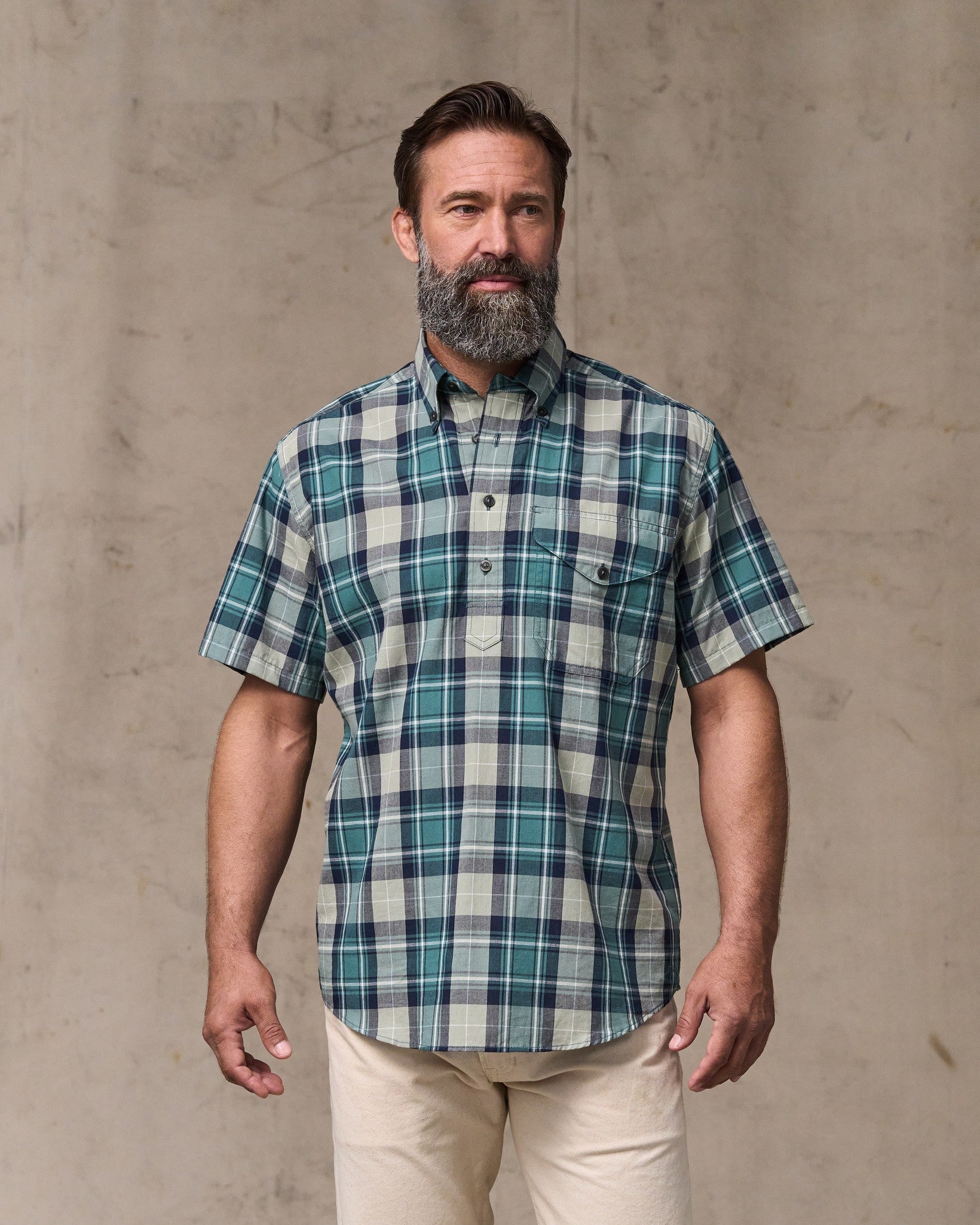 Short Sleeve Madras Popover Shirt - Gray / Teal Multicolor