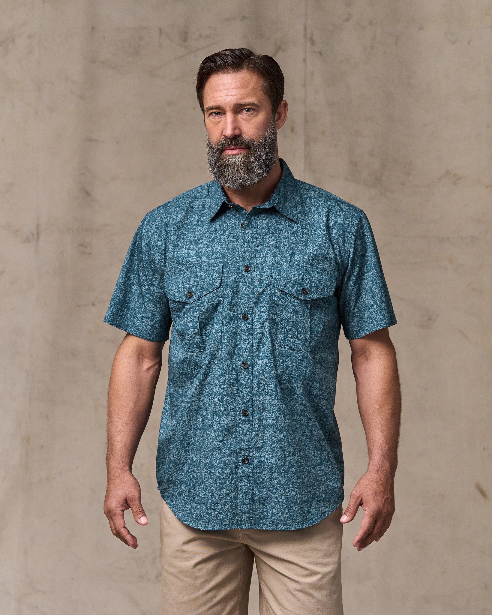Washed Short Sleeve Feather Cloth Shirt - Blue Print