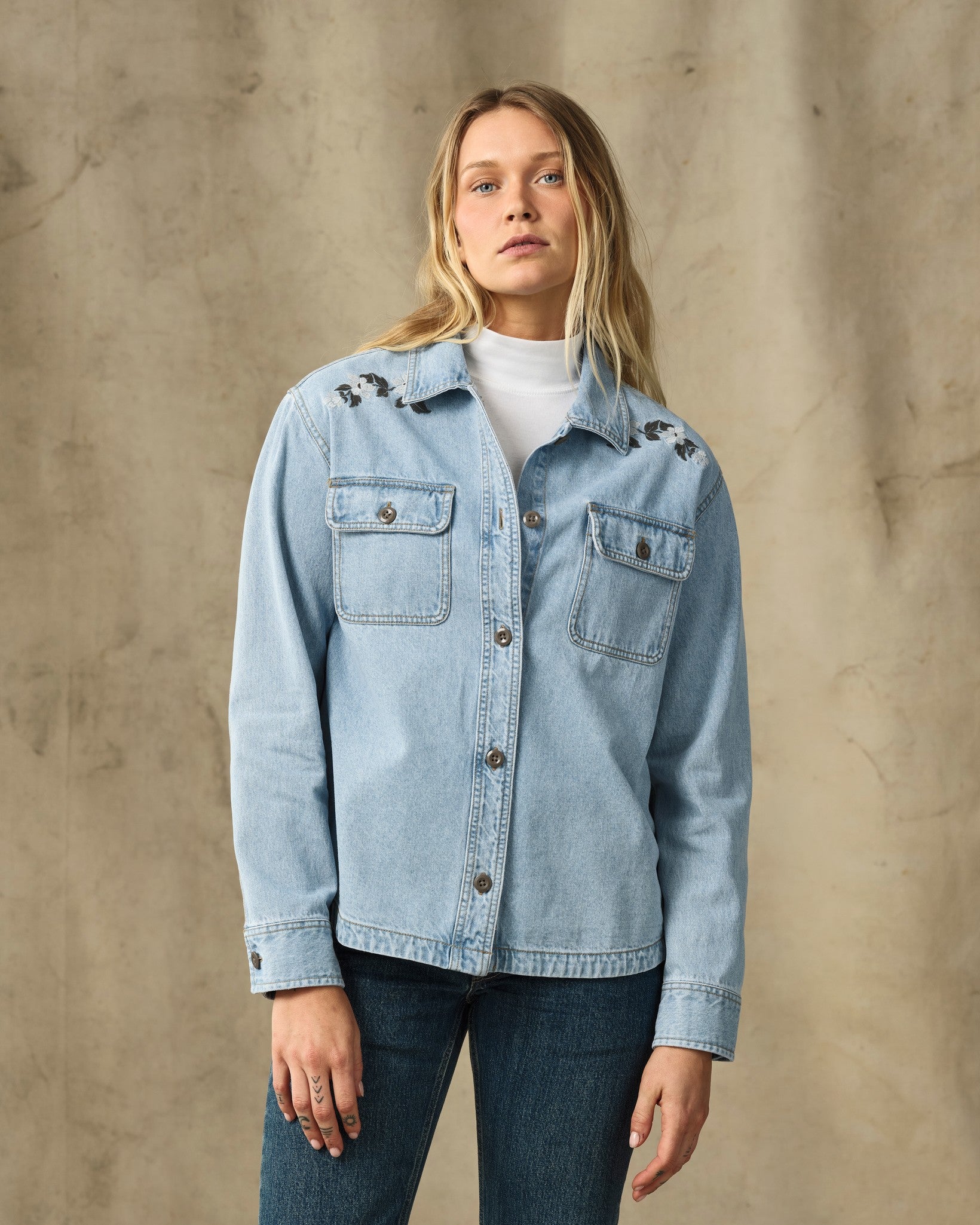 Women's Embroidered Denim Shirt - Pale Indigo